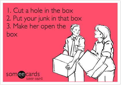 1. Cut a hole in the box
2. Put your junk in that box
3. Make her open the
box