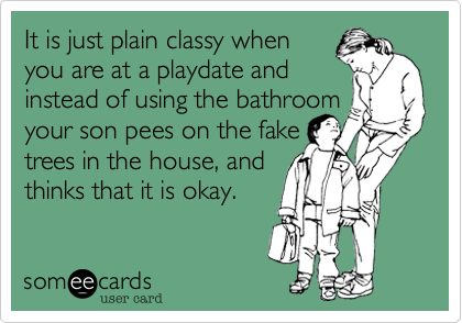 It is just plain classy when
you are at a playdate and
instead of using the bathroom 
your son pees on the fake 
trees in the house, and 
thinks that it is okay. 
