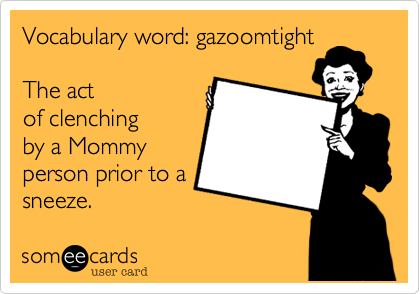 Vocabulary word: gazoomtight  

The act
of clenching
by a Mommy
person prior to a
sneeze.  
