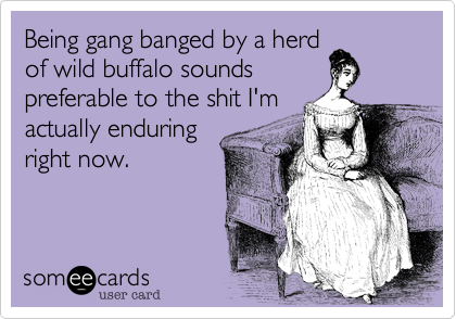 Being gang banged by a herd
of wild buffalo sounds
preferable to the shit I'm
actually enduring
right now. 