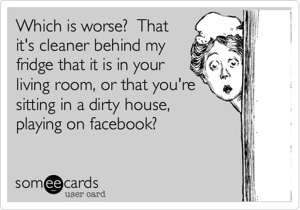 Which is worse?  Thatit's cleaner behind myfridge that it is in yourliving room, or that you'resitting in a dirty house,playing on facebook?
