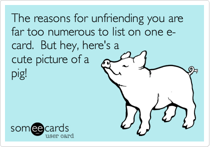 The reasons for unfriending you are far too numerous to list on one e-card.  But hey, here's acute picture of apig!