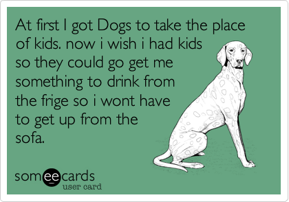 At first I got Dogs to take the place of kids. now i wish i had kids
so they could go get me
something to drink from
the frige so i wont have
to get up from the
sofa.