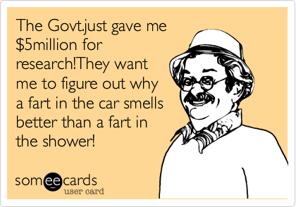 The Govt.just gave me$5million forresearch!They wantme to figure out whya fart in the car smellsbetter than a fart inthe shower!