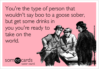 You're the type of person that wouldn't say boo to a goose sober, but get some drinks in
you you're ready to
take on the
world.