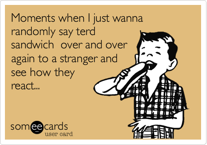 Moments when I just wanna randomly say terd
sandwich  over and over
again to a stranger and
see how they
react...