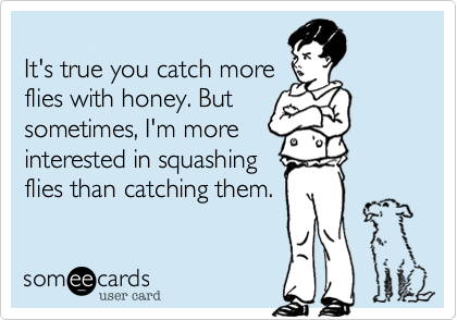 
It's true you catch more
flies with honey. But
sometimes, I'm more
interested in squashing
flies than catching them.