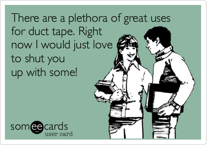There are a plethora of great uses for duct tape. Rightnow I would just loveto shut you up with some!