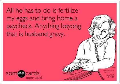 All he has to do is fertilize
my eggs and bring home a
paycheck. Anything beyong
that is husband gravy.