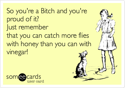 So you're a Bitch and you're
proud of it? 
Just remember
that you can catch more flies
with honey than you can with
vinegar!