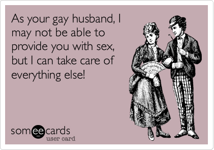 As your gay husband, I
may not be able to
provide you with sex,
but I can take care of
everything else!