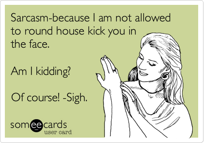 Sarcasm-because I am not allowed to round house kick you in
the face. 

Am I kidding? 

Of course! -Sigh. 