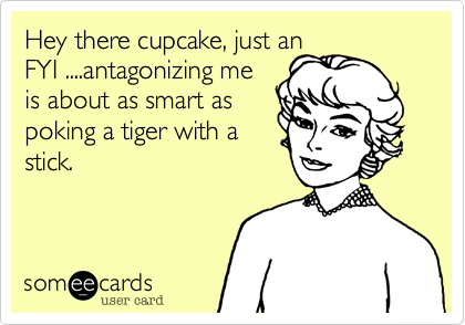 Hey there cupcake, just anFYI ....antagonizing meis about as smart aspoking a tiger with astick.