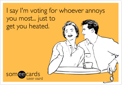 I say I'm voting for whoever annoys you most... just to
get you heated.
