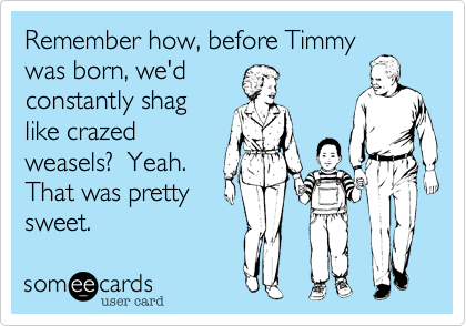 Remember how, before Timmy 
was born, we'd
constantly shag 
like crazed
weasels?  Yeah.
That was pretty
sweet.