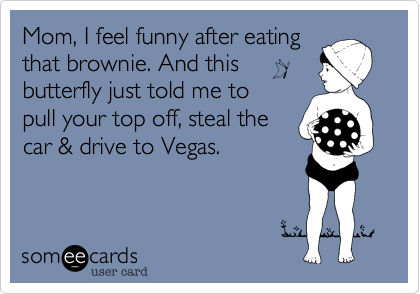 Mom, I feel funny after eating
that brownie. And this
butterfly just told me to 
pull your top off, steal the
car & drive to Vegas.