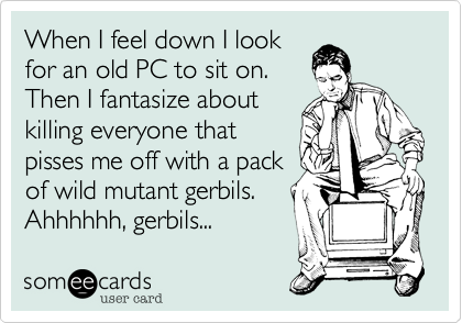 When I feel down I look
for an old PC to sit on.
Then I fantasize about
killing everyone that
pisses me off with a pack
of wild mutant gerbils.
Ahhhhhh, gerbils...