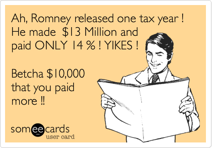 Ah, Romney released one tax year !
He made  $13 Million and
paid ONLY 14 % ! YIKES !

Betcha $10,000
that you paid
more !!