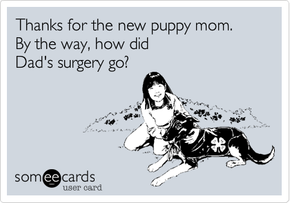 Thanks for the new puppy mom. 
By the way, how did 
Dad's surgery go?