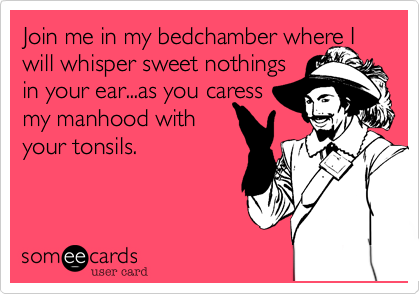 Join me in my bedchamber where I will whisper sweet nothings
in your ear...as you caress 
my manhood with
your tonsils.