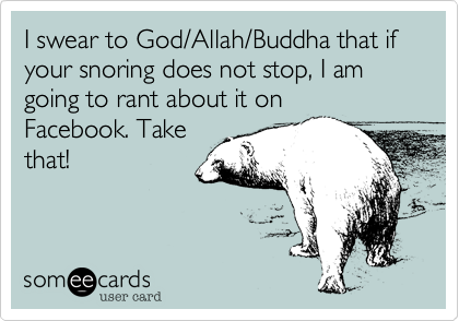 I swear to God/Allah/Buddha that if your snoring does not stop, I am going to rant about it onFacebook. Takethat!