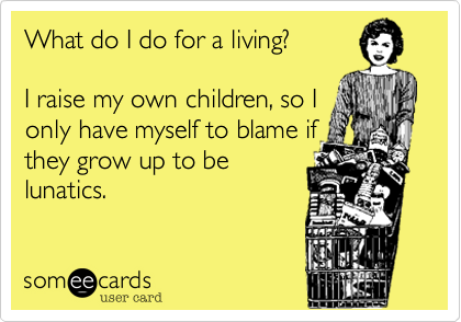 What do I do for a living?  

I raise my own children, so I
only have myself to blame if
they grow up to be
lunatics.