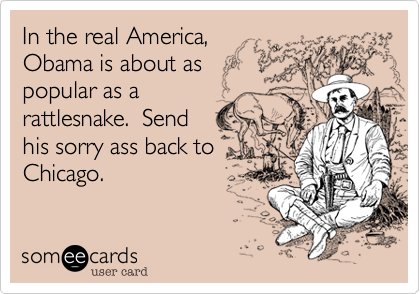 In the real America,Obama is about aspopular as a rattlesnake.  Sendhis sorry ass back toChicago.
