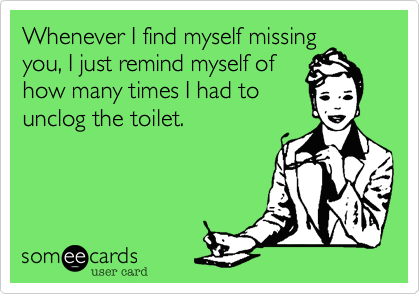 Whenever I find myself missingyou, I just remind myself ofhow many times I had tounclog the toilet.
