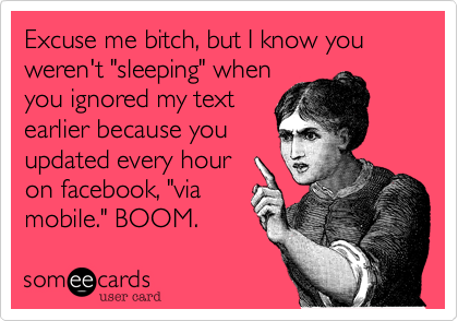 Excuse me bitch, but I know you weren't "sleeping" whenyou ignored my textearlier because youupdated every houron facebook, "viamobile." BOOM. 