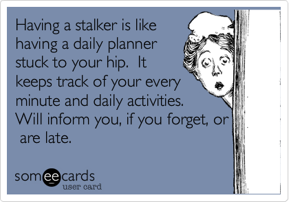 Having a stalker is like
having a daily planner
stuck to your hip.  It
keeps track of your every
minute and daily activities. 
Will inform you, if you forget, or
 are late. 