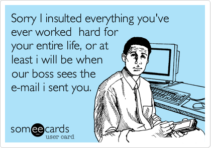 Sorry I insulted everything you've ever worked  hard for
your entire life, or at
least i will be when
our boss sees the
e-mail i sent you.