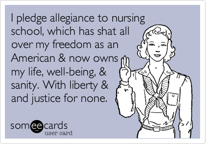 I pledge allegiance to nursing
school, which has shat all
over my freedom as an
American & now owns
my life, well-being, &
sanity. With liberty & 
and justice for none.