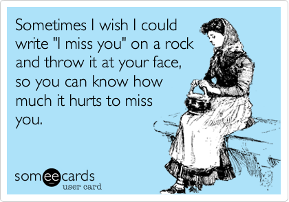 Sometimes I wish I could
write "I miss you" on a rock
and throw it at your face,
so you can know how
much it hurts to miss
you.