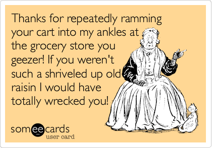 Thanks for repeatedly ramming your cart into my ankles at 
the grocery store you
geezer! If you weren't
such a shriveled up old
raisin I would have
totally wrecked you!