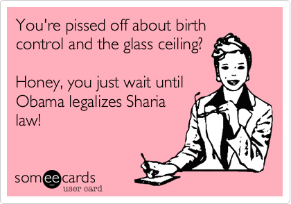 You're pissed off about birthcontrol and the glass ceiling?Honey, you just wait untilObama legalizes Sharialaw!
