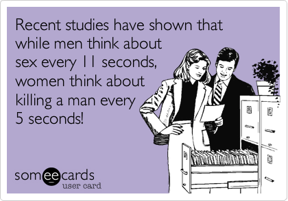 Recent studies have shown that while men think aboutsex every 11 seconds,women think aboutkilling a man every5 seconds!