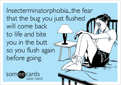 Insecterminatorphobia...the fear
that the bug you just flushed
will come back
to life and bite
you in the butt 
so you flush again
before going.