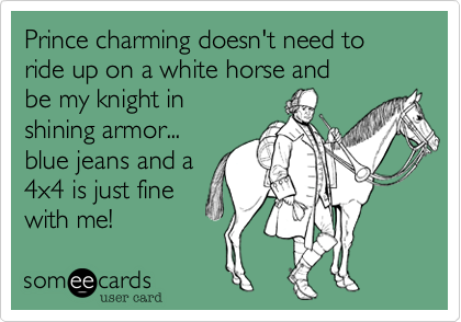 Prince charming doesn't need to ride up on a white horse andbe my knight inshining armor...blue jeans and a4x4 is just finewith me!