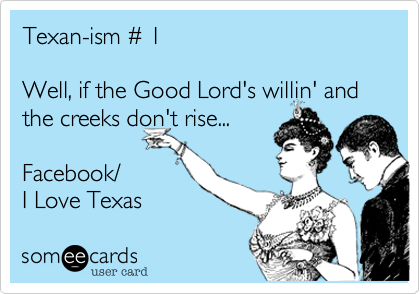 Texan-ism # 1

Well, if the Good Lord's willin' and the creeks don't rise...

Facebook/
I Love Texas 