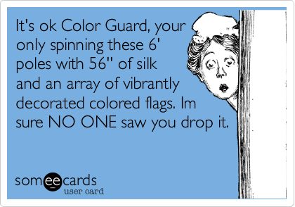 It's ok Color Guard, your
only spinning these 6'
poles with 56'' of silk
and an array of vibrantly
decorated colored flags. Im
sure NO ONE saw you drop it.