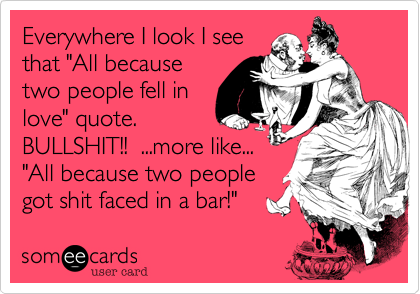 Everywhere I look I seethat "All becausetwo people fell inlove" quote. BULLSHIT!!  ...more like..."All because two peoplegot shit faced in a bar!"