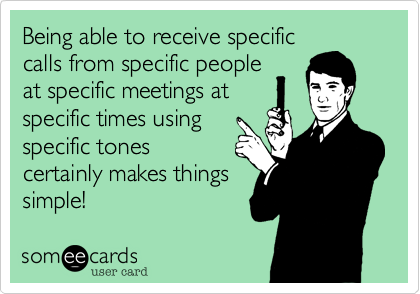 Being able to receive specific
calls from specific people
at specific meetings at
specific times using
specific tones 
certainly makes things
simple!