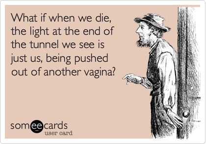 What if when we die, 
the light at the end of 
the tunnel we see is
just us, being pushed 
out of another vagina?
