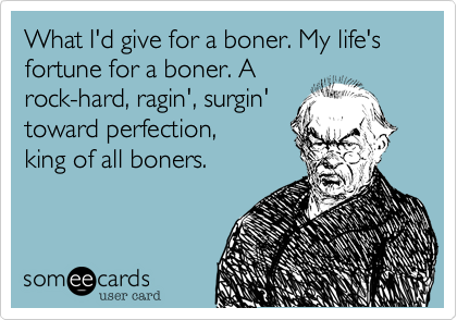 What I'd give for a boner. My life's fortune for a boner. Arock-hard, ragin', surgin'toward perfection,king of all boners.