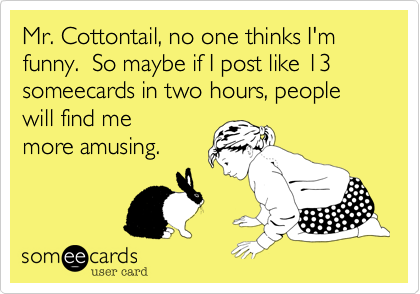 Mr. Cottontail, no one thinks I'm funny.  So maybe if I post like 13  someecards in two hours, people will find me
more amusing.