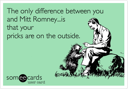 The only difference between you and Mitt Romney...is
that your
pricks are on the outside.