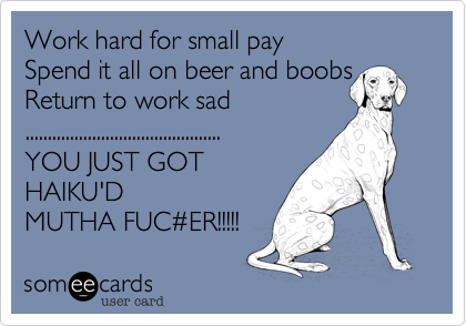 Work hard for small paySpend it all on beer and boobsReturn to work sad............................................YOU JUST GOTHAIKU'DMUTHA FUC#ER!!!!!
