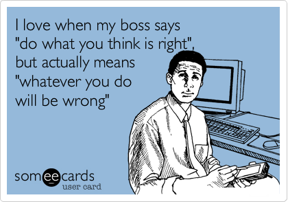 I love when my boss says 
"do what you think is right", 
but actually means
"whatever you do
will be wrong"
