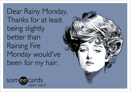 Dear Rainy Monday,
Thanks for at least
being slightly
better than
Raining Fire
Monday would've
been for my hair.