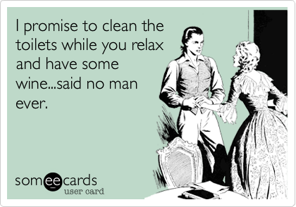 I promise to clean the
toilets while you relax
and have some
wine...said no man
ever.